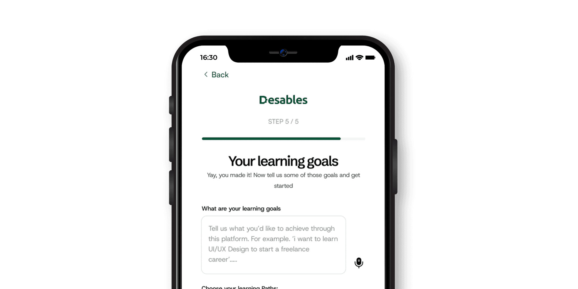 Mobile preview of Desables app showing accessible learning pathways and simplified interface